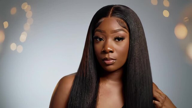 Woman adjusts wig with bokeh background for fashion, beauty, or hair care product ad