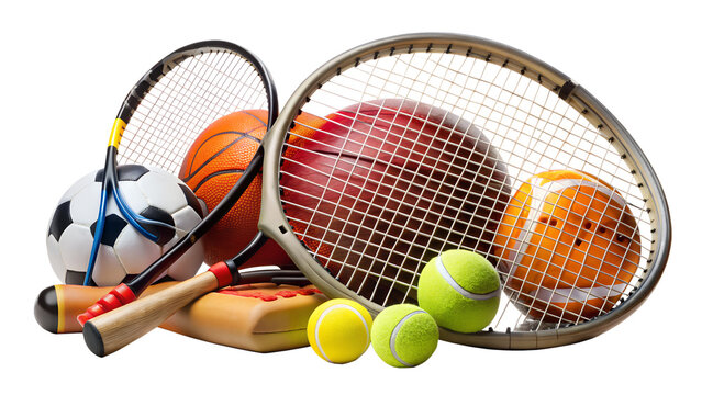 Collection of various sport equipment including tennis rackets, tennis balls, football, soccer ball, basketball isolated on transparent background