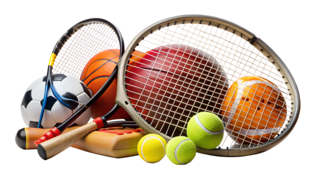 Collection of various sport equipment including tennis rackets, tennis balls, football, soccer ball, basketball isolated on transparent background