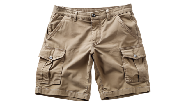 Khaki cargo short isolated on transparent background, a versatile and practical garment for casual wear, featuring multiple pockets for convenience and style