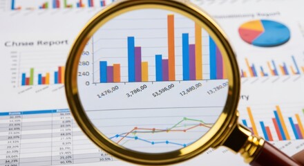 Magnifying glass examining colorful bar and pie charts on business documents