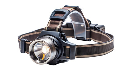 Headlamp isolated on transparent background, a compact and versatile lighting solution for outdoor enthusiasts, providing handsfree visibility during nighttime activities