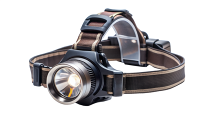 Headlamp isolated on transparent background, a compact and versatile lighting solution for outdoor enthusiasts, providing handsfree visibility during nighttime activities