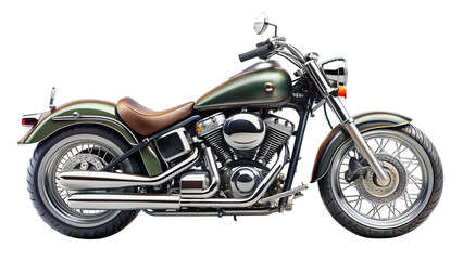 Fototapeta premium Olive green motorcycle isolated on transparent background, a classic cruiser with chrome accents, brown leather seat, and a powerful engine for open road adventures