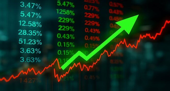 Bullish Stock Market Trading Chart with Green Upward Arrow and Red Graph Line on Financial Data Screen.