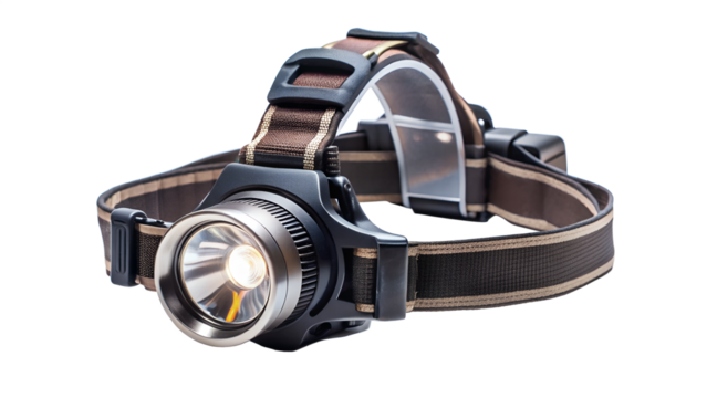 Headlamp isolated on transparent background, a compact and versatile lighting solution for outdoor enthusiasts, providing handsfree visibility during nighttime activities