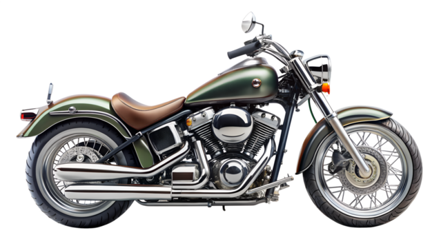 Olive green motorcycle isolated on transparent background, a classic cruiser with chrome accents, brown leather seat, and a powerful engine for open road adventures