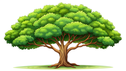 Illustration of a large tree with green leaves and a thick trunk, isolated on transparent background the tree is depicted in a cartoon style