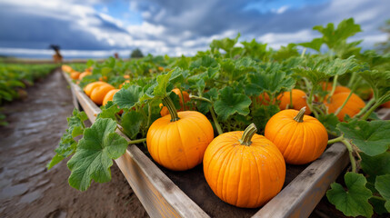 Workers harvest pumpkins in a muddy patch with orange gourds rolling into trailers vines tangling a scarecrow tilting and a cloudy sky overhead shown in a rustic photo with