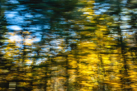 Colorful autumn foliage creates a vibrant blur as seen from a moving vehicle on a sunny day