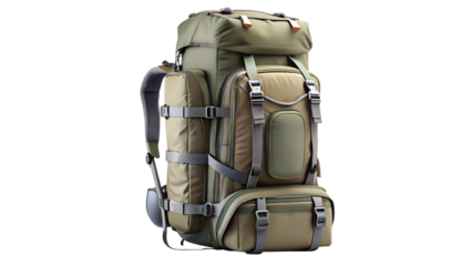 Large khaki hiking backpack with multiple compartments and straps isolated on transparent background for outdoor adventures and travel gear