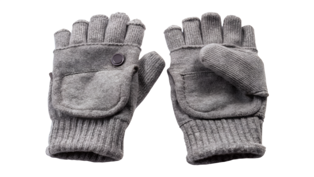 A pair of gray convertible knit gloves isolated on transparent background, providing warmth and flexibility for various tasks