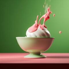 Pink Liquid Splashing on Creamy Dessert in Bowl