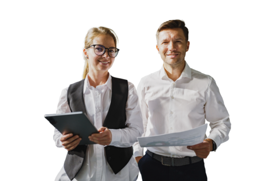 Two business people stand holding documents and tablet in the Office - Powered by Adobe