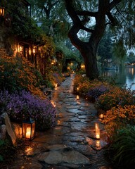 Path of small candles winding through a garden at twilight.