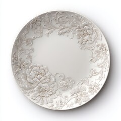 Elegant ceramic plate with intricate embossed floral patterns arranged around the rim on a clean white background