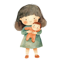 Watercolor Illustration of a Girl in Green Dress Holding a Doll