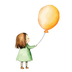 Watercolor Illustration of a Girl in Green Dress Holding a Yellow Balloon