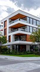 Fototapeta premium Modern luxury building with wood accents and balconies