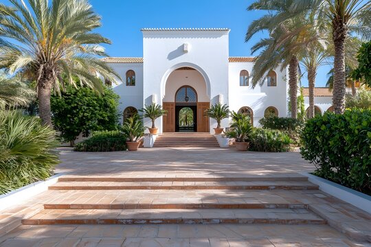 Elegant villa entrance with palm trees and sunny courtyard