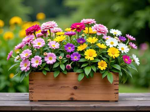 flowers in a wooden box