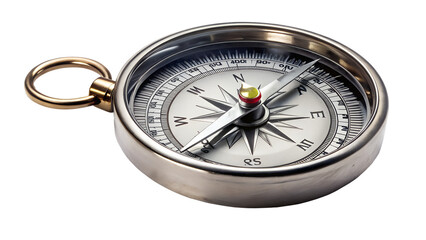 Classic silver compass isolated on transparent background, a reliable navigational instrument for finding your way during outdoor adventures and travels