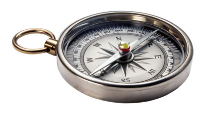 Classic silver compass isolated on transparent background, a reliable navigational instrument for finding your way during outdoor adventures and travels