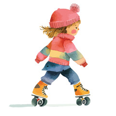 Watercolor Illustration of a Girl on Roller Skates in Winter Gear