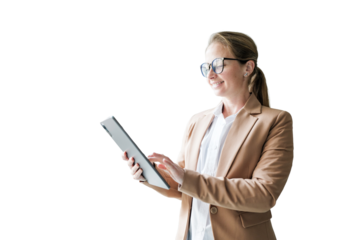 Smiling woman in blazer uses digital tablet for her work task