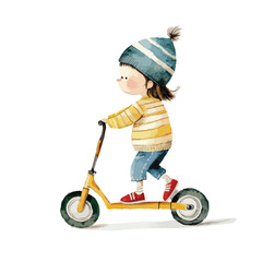Watercolor Illustration of a Girl Riding a Yellow Scooter with Red Shoes