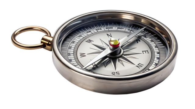 Classic silver compass isolated on transparent background, a reliable navigational instrument for finding your way during outdoor adventures and travels