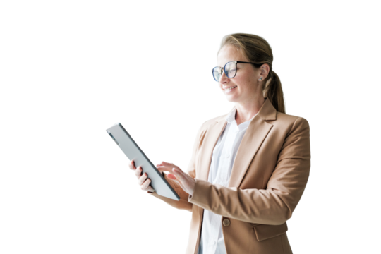 Smiling woman in blazer uses digital tablet for her work task