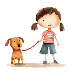 Watercolor Illustration of a Girl Walking a Dog