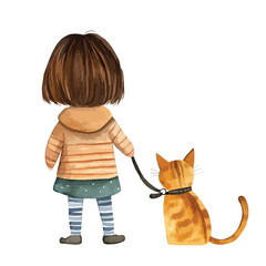 Watercolor illustration of a girl walking a striped orange cat on a leash