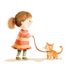 Watercolor Illustration of a Girl Walking an Orange Tabby Cat on a Leash