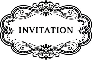 invitation text inside an ornate circular frame with decorative elements and a small silhouette figure near text