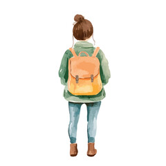 Watercolor Illustration of a Girl with a Backpack and Stylish Outfit