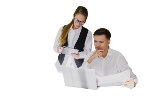 Manager works with colleague at computer in the office