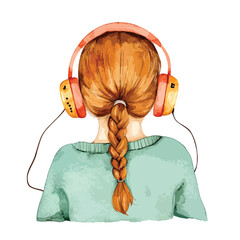 Watercolor Illustration of a Girl with Braided Hair and Headphones