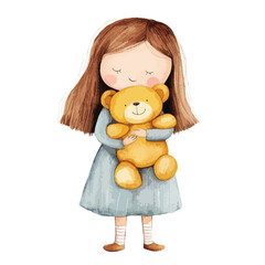 Watercolor Illustration of a Girl with Brown Hair Hugging a Teddy Bear (1)