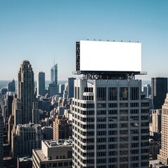 Obraz premium Blank billboard on top of a building in a city with a blue sky