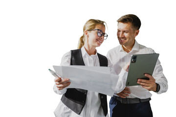 Business people discussing project on tablet and paper document