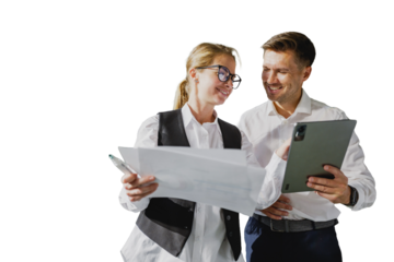 Business people discussing project on tablet and paper document