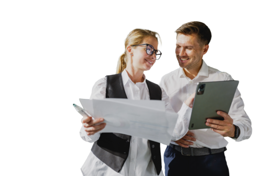 Business people discussing project on tablet and paper document