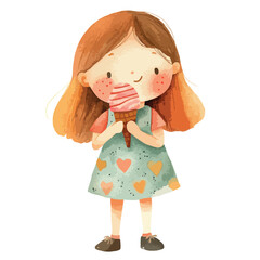 Watercolor Illustration of a Girl with Strawberry Ice Cream Cone