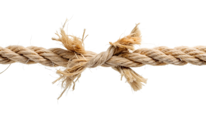 Closeup of a frayed rope isolated on transparent background, depicting the concept of tension, fragility, and the potential for failure or breaking