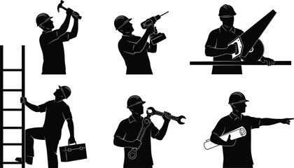 Silhouette Construction Workers Using Tools, Climbing Ladder, Pointing, Drilling, Hammering, Holding Blueprints, Vector Illustration of Labor Tasks