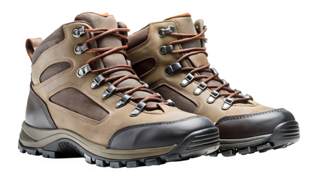 Pair of light brown hiking boots isolated on transparent background, sturdy footwear for outdoor adventures, providing comfort and stability on trails