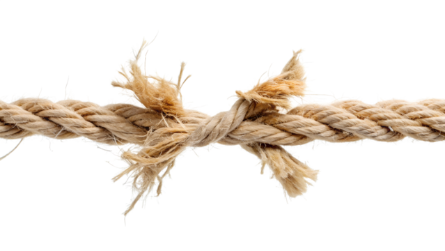 Closeup of a frayed rope isolated on transparent background, depicting the concept of tension, fragility, and the potential for failure or breaking