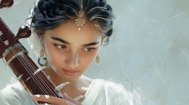 Young Woman Playing the Veena in Soft Light